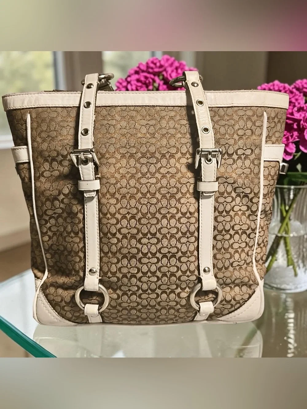 Coach 2007 Khaki and Chalk Signature Canvas Tote with Leather Trim - Picture 5 of 14